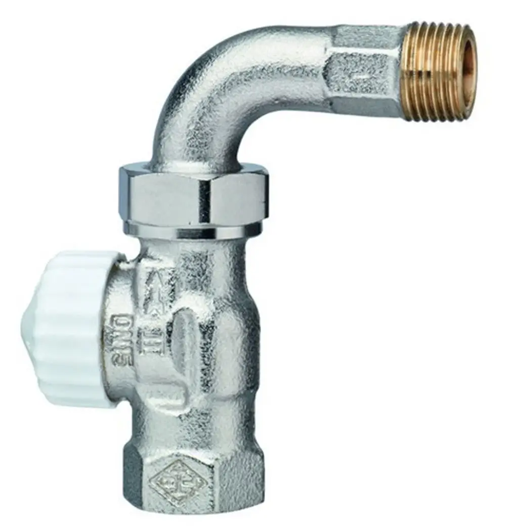 Thermostatventilunterteil von IMI Hydronic Engineering mit Bogenverschraubung, aus verchromtem Metall, für Heizungsanwendungen, in kompakter Bauform.